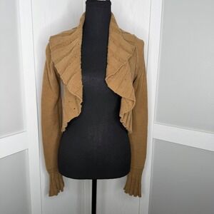Halogen Cardigan Women Sz Small Tan Ruffle Front Cropped Pointelle Knit Sweater